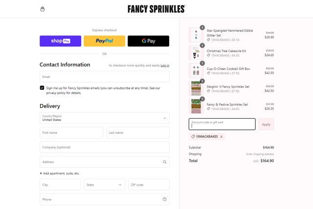Fancy Sprinkles checkout page showing Fancy Sprinkles promo code box | Screenshot taken by SimplyCodes community member on Nov 12, 2023