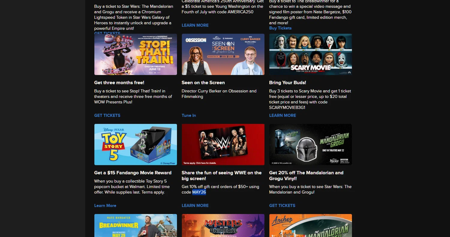 Fandango promo code screenshot showing code MAY26 applied at Fandango checkout page. Uploaded by SimplyCodes community member Dejadepicharme on May 27, 2026