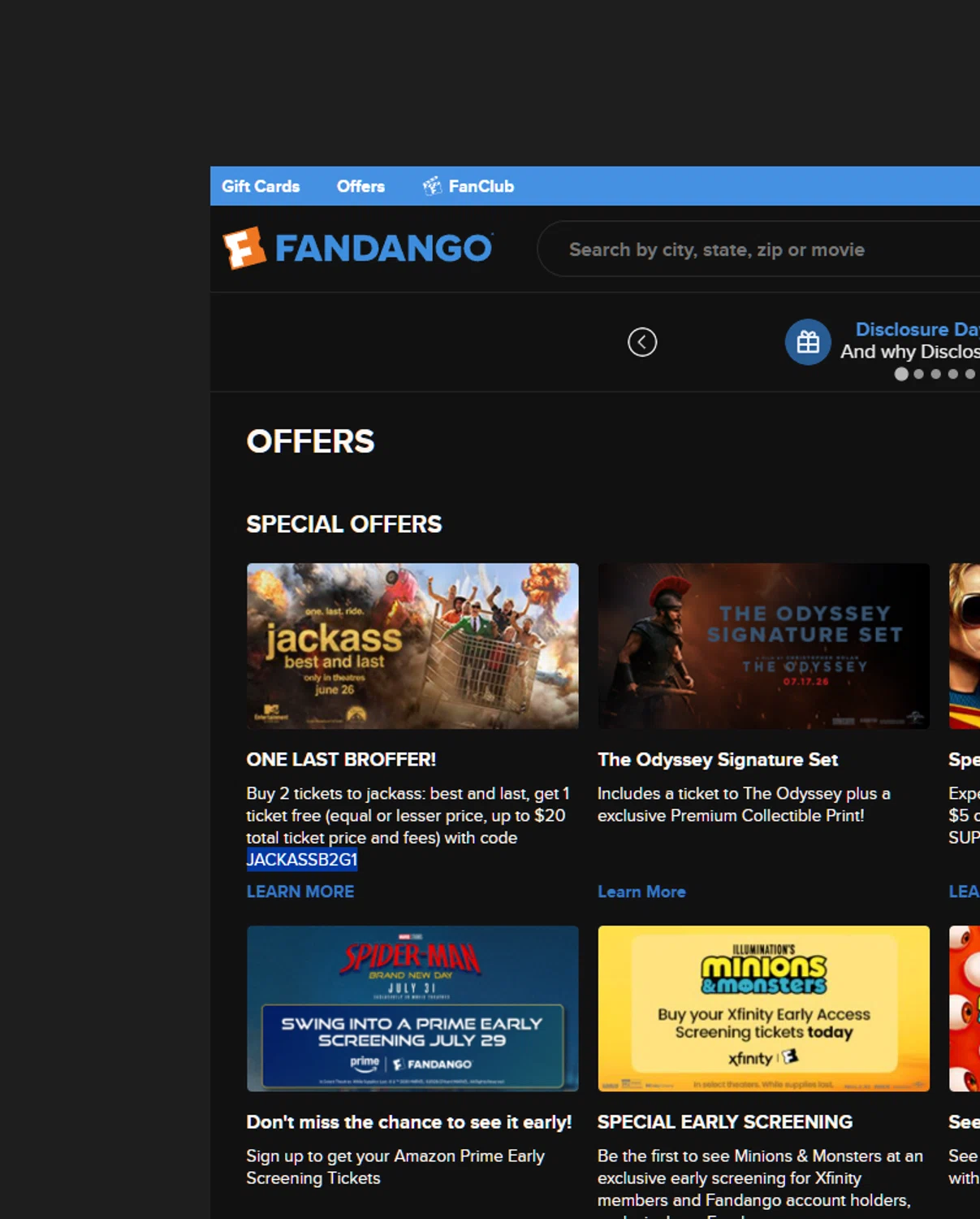 Fandango At Home promo code screenshot showing code JACKASSB2G1 applied at Fandango At Home checkout page. Uploaded by SimplyCodes community member Dejadepicharme on Jun 8, 2026