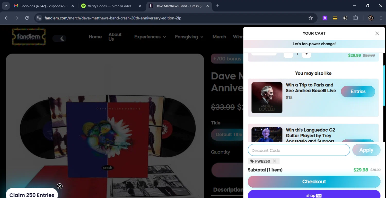 Fandiem promo code screenshot showing code FWB250 applied at Fandiem checkout page. Uploaded by SimplyCodes community member Eduard on Dec 20, 2025
