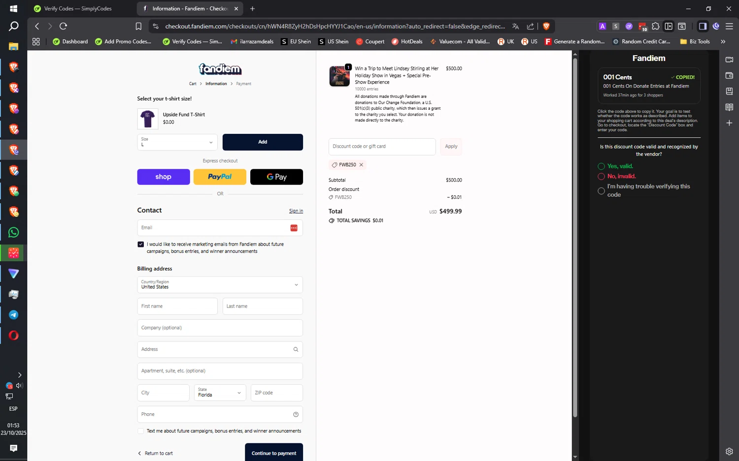 Fandiem promo code screenshot showing code FWB250 applied at Fandiem checkout page. Uploaded by SimplyCodes community member QuantumRider5931 on Oct 23, 2025