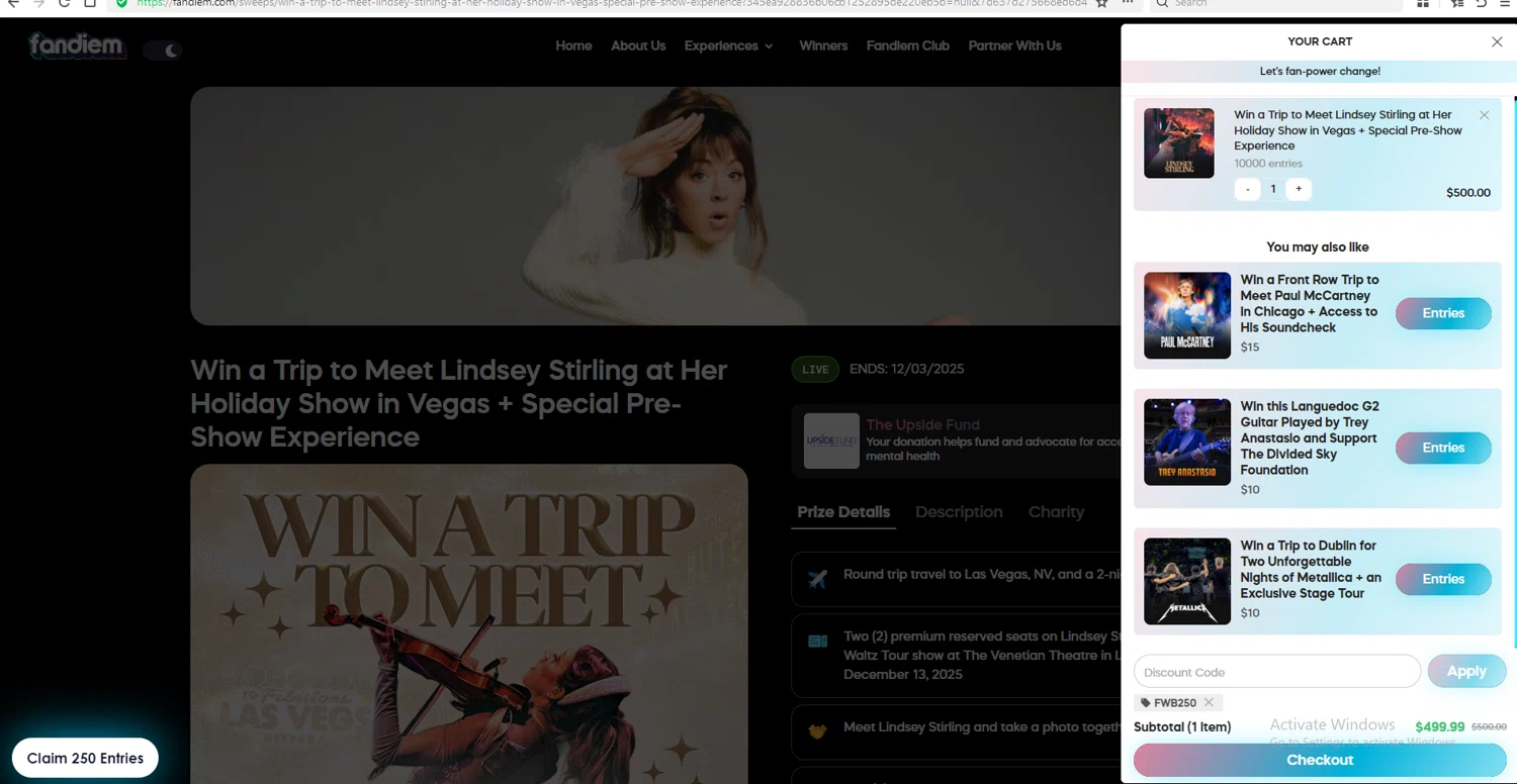 Fandiem promo code screenshot showing code FWB250 applied at Fandiem checkout page. Uploaded by SimplyCodes community member suppahdealz on Oct 23, 2025