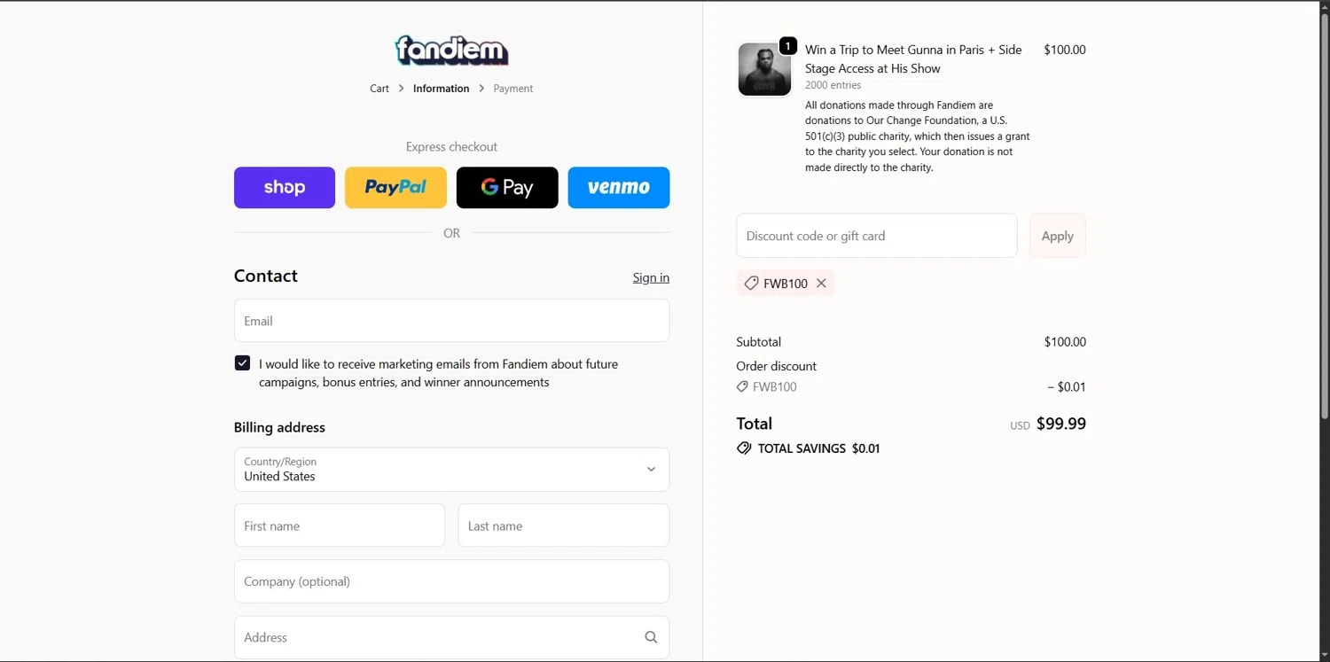 Fandiem promo code screenshot showing code FWB100 applied at Fandiem checkout page. Uploaded by SimplyCodes community member Depressive on Nov 18, 2025