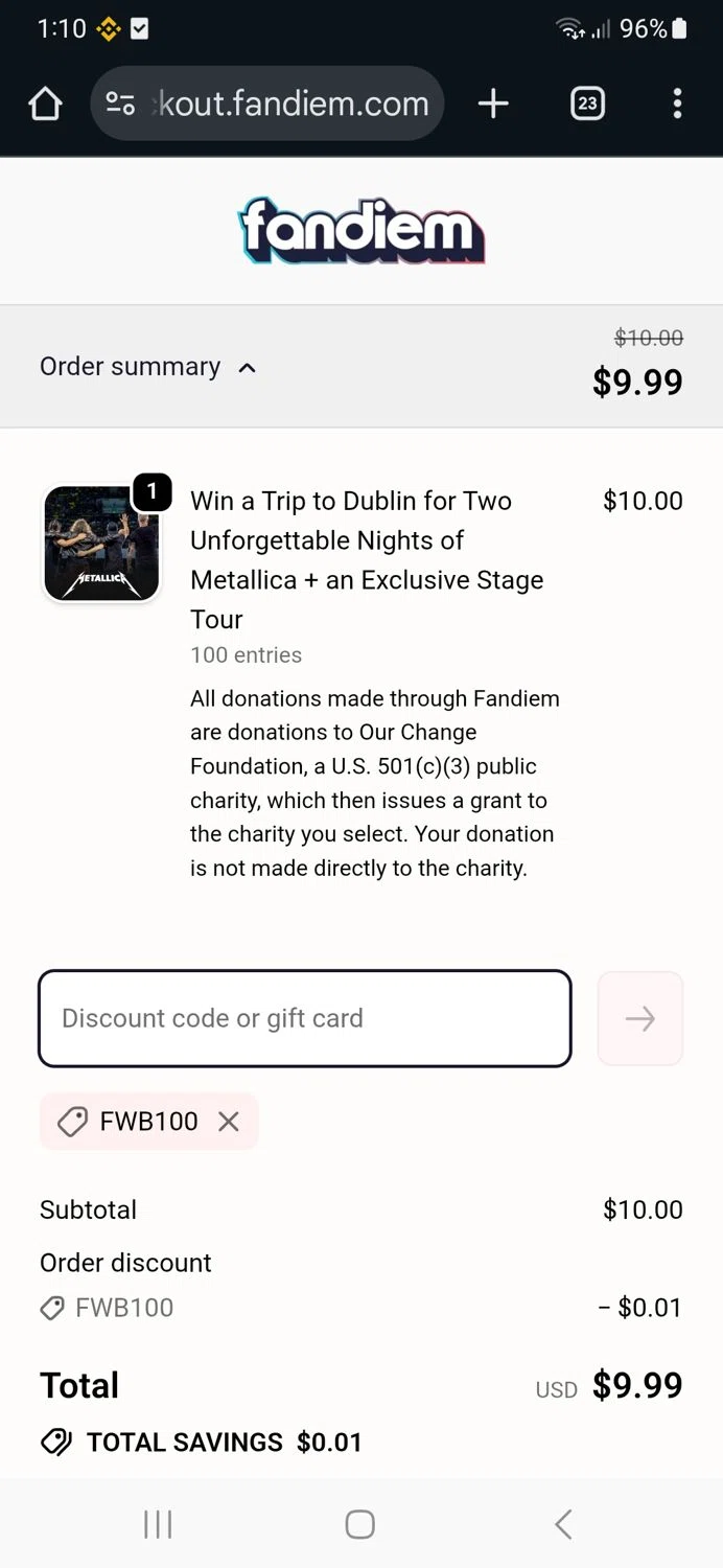 Fandiem promo code screenshot showing code FWB100 applied at Fandiem checkout page. Uploaded by SimplyCodes community member Gv135468293745512 on Oct 23, 2025