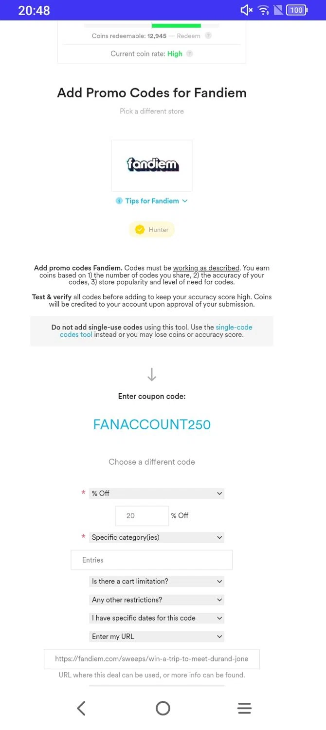 Fandiem promo code screenshot showing code FANACCOUNT250 applied at Fandiem checkout page. Uploaded by SimplyCodes community member mrdarcy on Sep 9, 2025