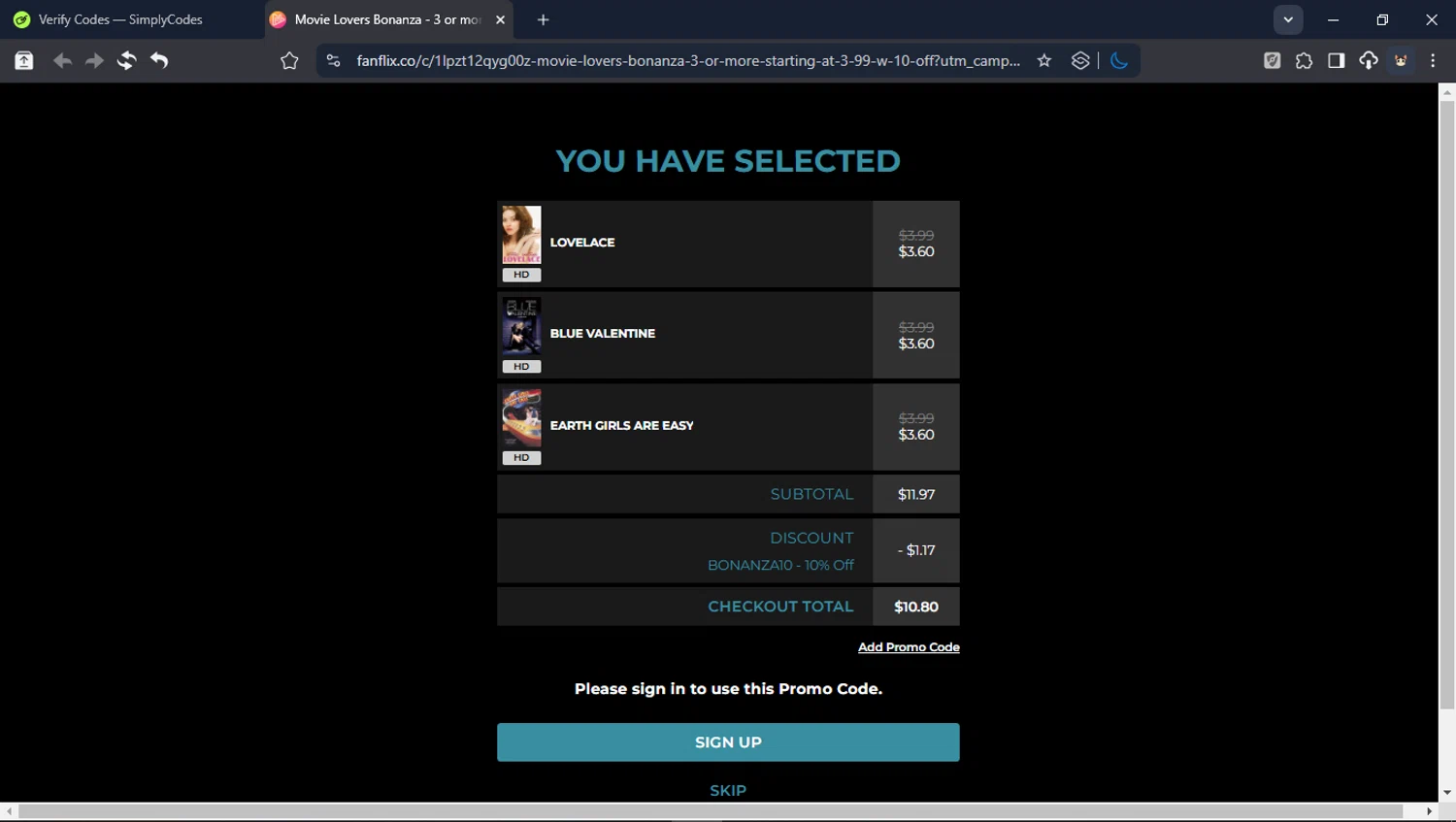 FanFlix promo code screenshot showing code BONANZA10 applied at FanFlix checkout page. Uploaded by SimplyCodes community member LegendaryCollector6259 on Feb 21, 2026