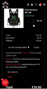 WELCOME10 coupon verification screenshot
