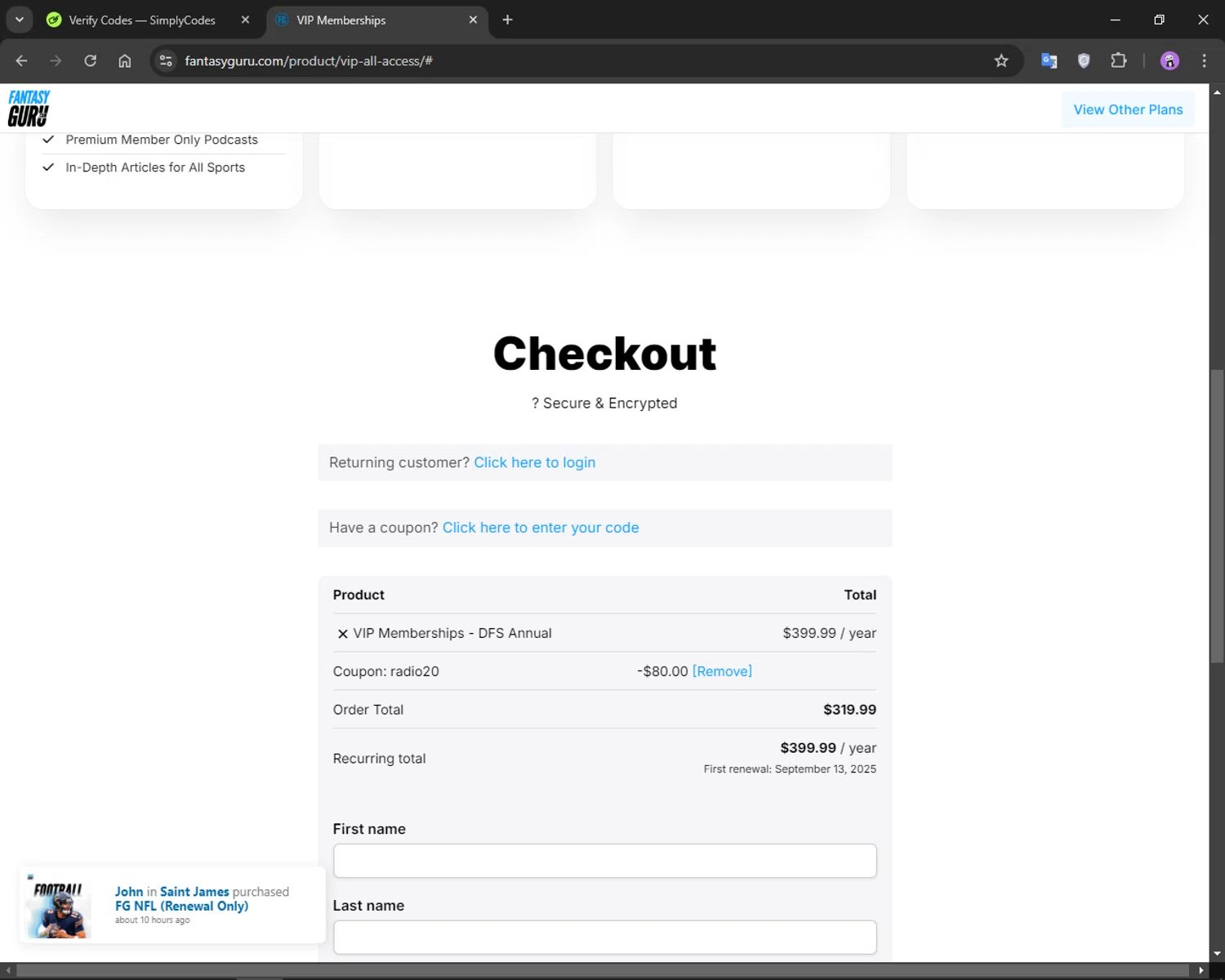 where to use FantasyGuru.com promo code box