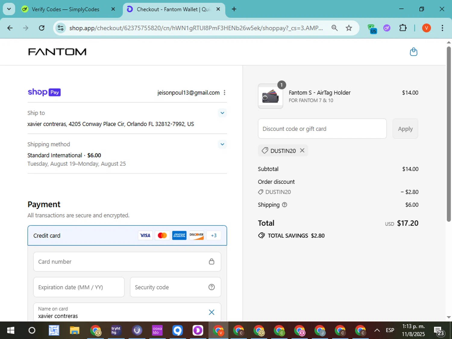 Fantom Wallet discount code screenshot showing code DUSTIN20 applied at Fantom Wallet checkout page. Uploaded by SimplyCodes community member CodeMonarch8148 on Aug 11, 2025