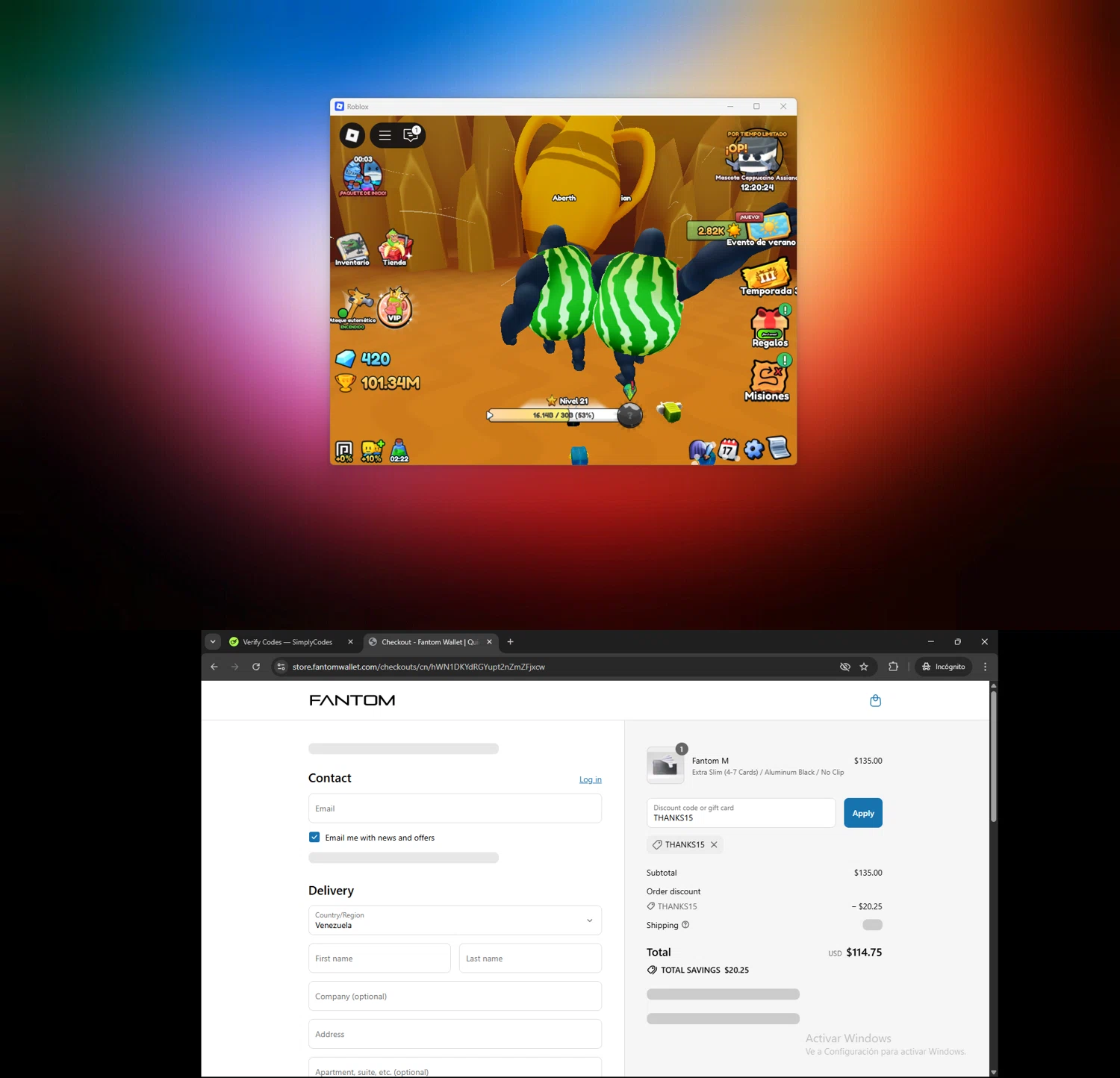 Fantom Wallet discount code screenshot showing code THANKS15 applied at Fantom Wallet checkout page. Uploaded by SimplyCodes community member AVATIGRITO on Jul 30, 2025