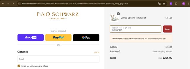 FAO Schwarz checkout page showing FAO Schwarz discount code box | Screenshot taken by SimplyCodes community member on Mar 14, 2025