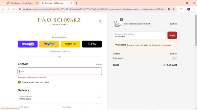 FAO Schwarz checkout page showing FAO Schwarz discount code box | Screenshot taken by SimplyCodes community member on Mar 10, 2025