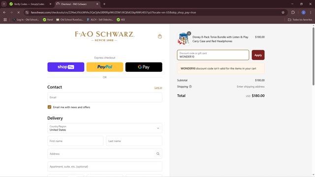 FAO Schwarz checkout page showing FAO Schwarz discount code box | Screenshot taken by SimplyCodes community member on Mar 19, 2025