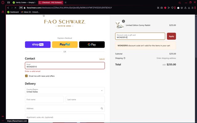 FAO Schwarz checkout page showing FAO Schwarz discount code box | Screenshot taken by SimplyCodes community member on Mar 23, 2025