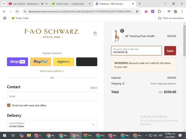 FAO Schwarz checkout page showing FAO Schwarz discount code box | Screenshot taken by SimplyCodes community member on Feb 23, 2025