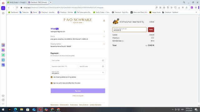 FAO Schwarz checkout page showing FAO Schwarz discount code box | Screenshot taken by SimplyCodes community member on Feb 27, 2025