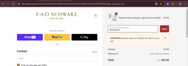 FAO Schwarz checkout page showing FAO Schwarz discount code box | Screenshot taken by SimplyCodes community member on Feb 11, 2025