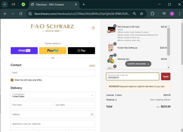 FAO Schwarz checkout page showing FAO Schwarz discount code box | Screenshot taken by SimplyCodes community member on Feb 17, 2025