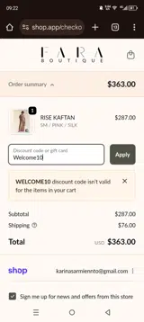 Welcome10 coupon verification screenshot