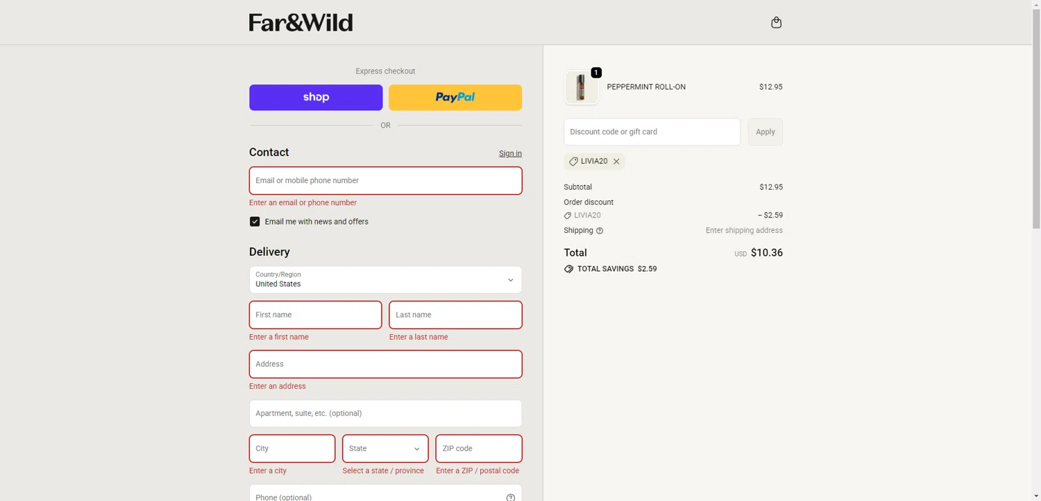 Far and Wild discount code screenshot showing code LIVIA20 applied at Far and Wild checkout page. Uploaded by SimplyCodes community member RewardTitan728 on Oct 11, 2025