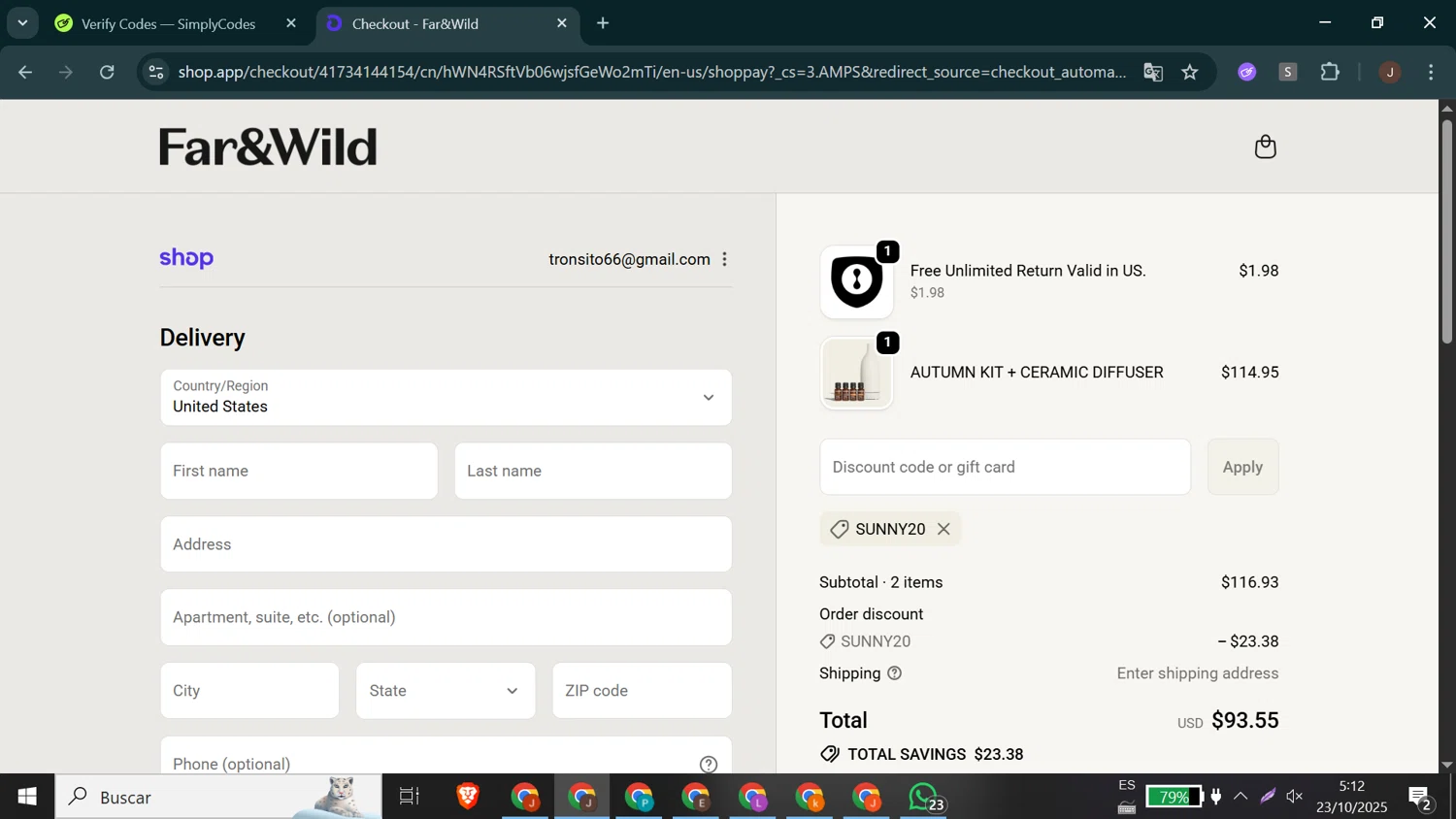 Far and Wild discount code screenshot showing code Sunny20 applied at Far and Wild checkout page. Uploaded by SimplyCodes community member Jeffersontorrealba on Oct 23, 2025