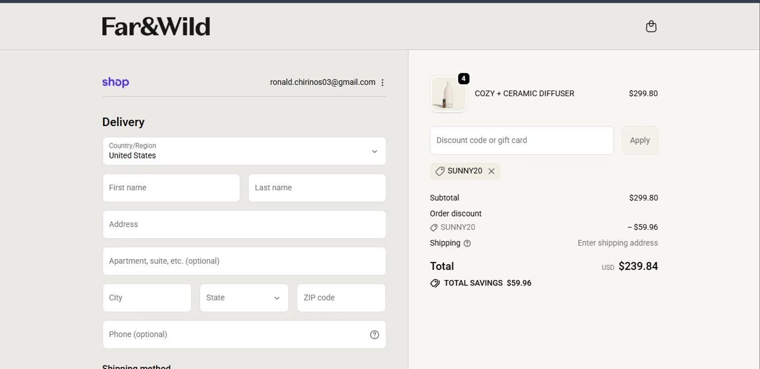 Far and Wild discount code screenshot showing code Sunny20 applied at Far and Wild checkout page. Uploaded by SimplyCodes community member PennySage5996 on Oct 15, 2025