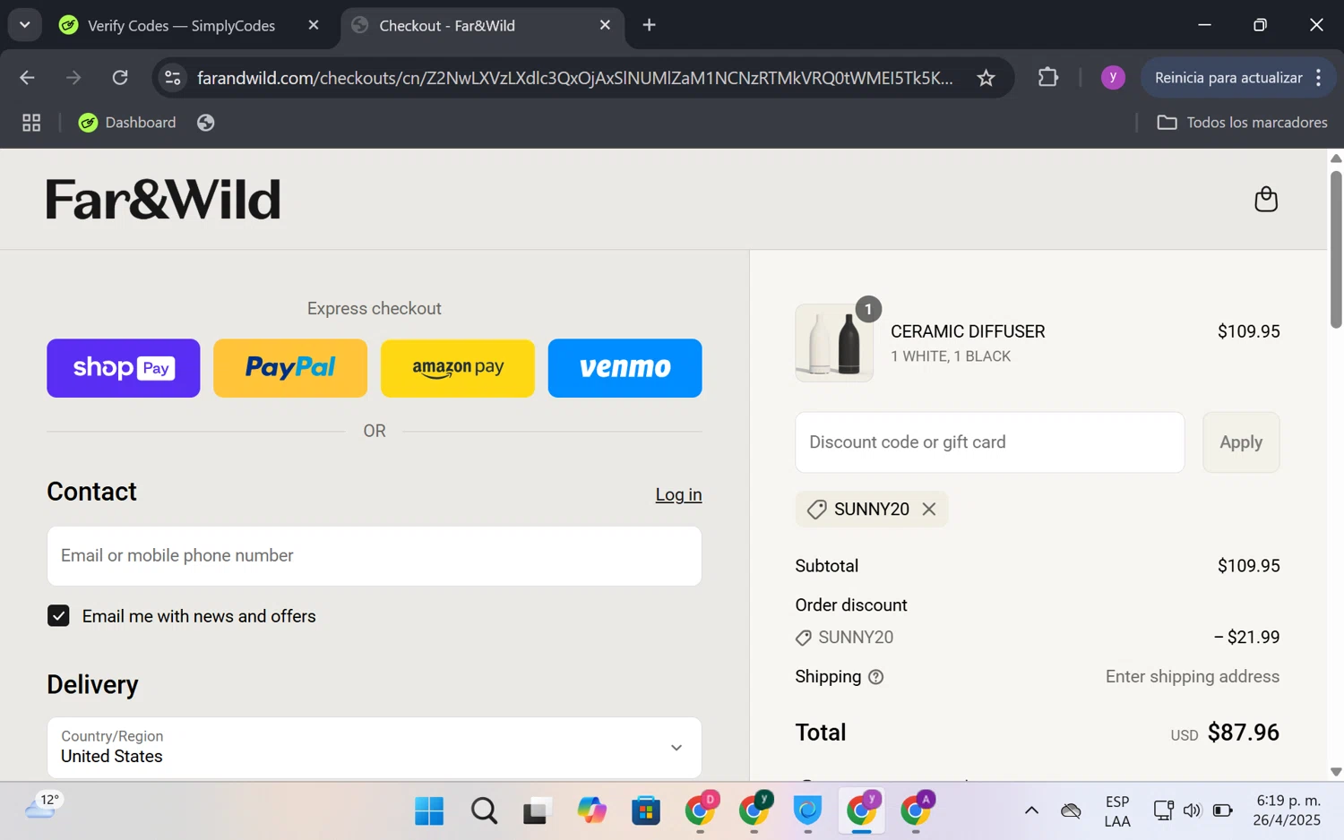 Far and Wild discount code screenshot showing code Sunny20 applied at Far and Wild checkout page. Uploaded by SimplyCodes community member FrugalKnight6753 on Apr 26, 2025