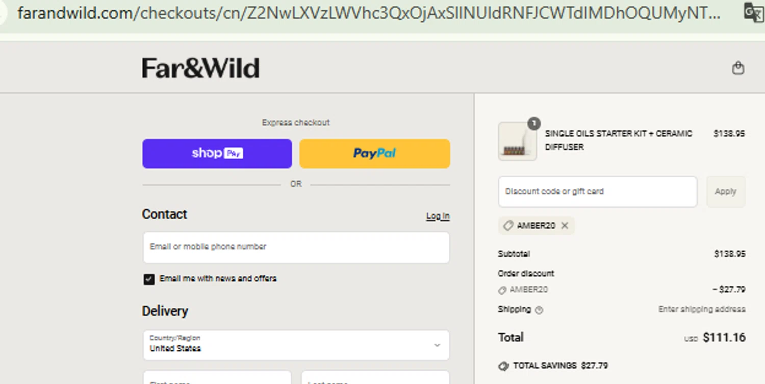 Far and Wild discount code screenshot showing code AMBER20 applied at Far and Wild checkout page. Uploaded by SimplyCodes community member CashMaestro9337 on Jun 26, 2025