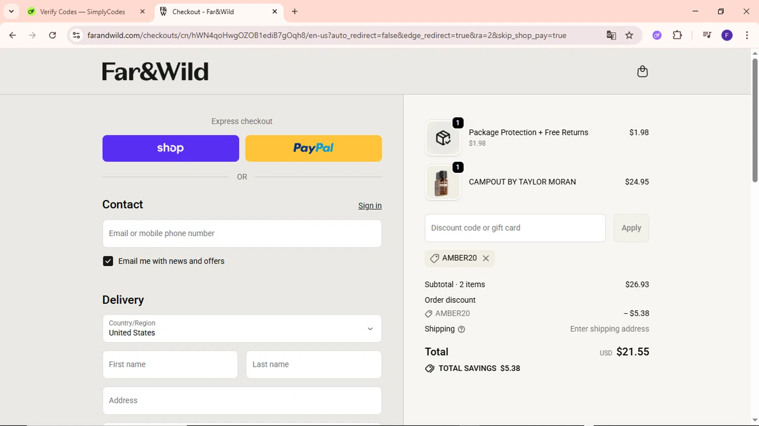 Far and Wild discount code screenshot showing code AMBER20 applied at Far and Wild checkout page. Uploaded by SimplyCodes community member MightyCaptain635 on Nov 3, 2025