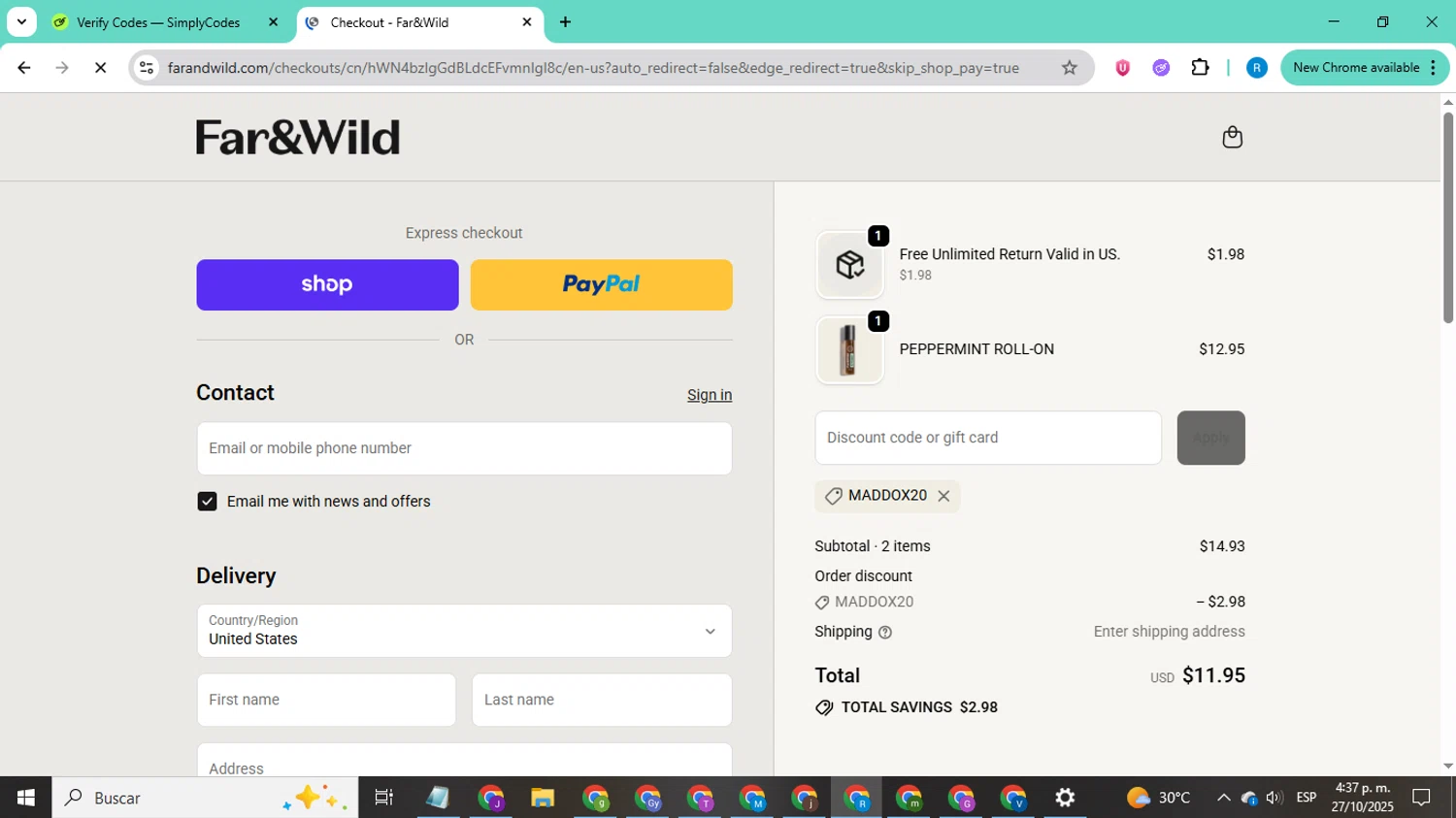 Far and Wild discount code screenshot showing code MADDOX20 applied at Far and Wild checkout page. Uploaded by SimplyCodes community member CodeShopper8605 on Oct 27, 2025