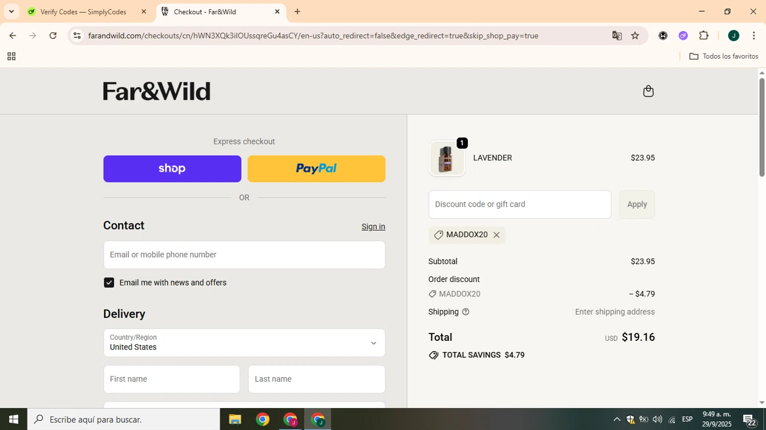 Far and Wild discount code screenshot showing code MADDOX20 applied at Far and Wild checkout page. Uploaded by SimplyCodes community member CrownOwl1879 on Sep 29, 2025