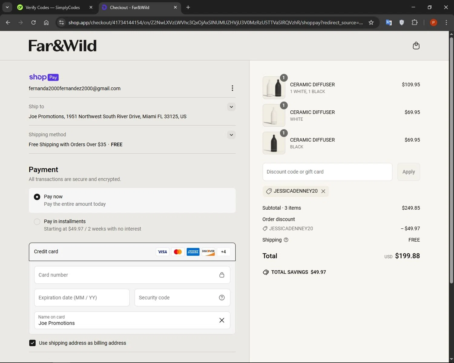 Far and Wild discount code screenshot showing code JESSICADENNEY20 applied at Far and Wild checkout page. Uploaded by SimplyCodes community member AuronPlay on Apr 26, 2025