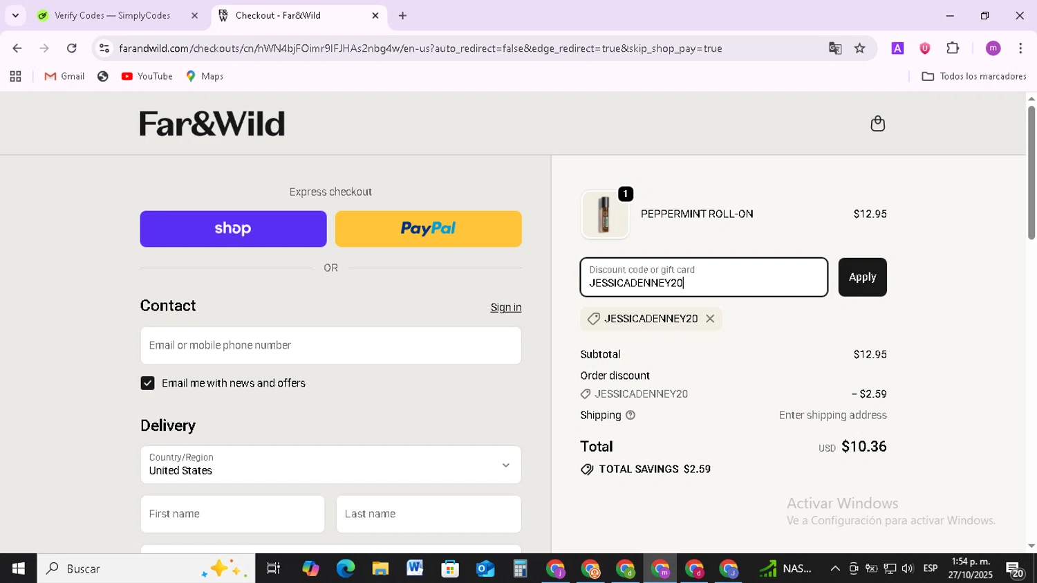 Far and Wild discount code screenshot showing code JESSICADENNEY20 applied at Far and Wild checkout page. Uploaded by SimplyCodes community member BudgetMonarch8952 on Oct 27, 2025