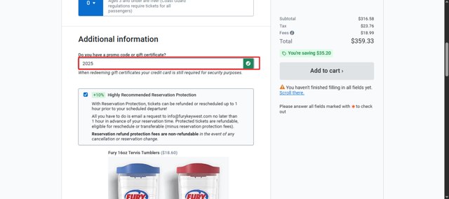 FareHarbor checkout page showing FareHarbor promo code box | Screenshot taken by SimplyCodes community member on Aug 27, 2025