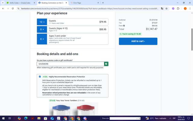 FareHarbor checkout page showing FareHarbor promo code box | Screenshot taken by SimplyCodes community member on Aug 29, 2025