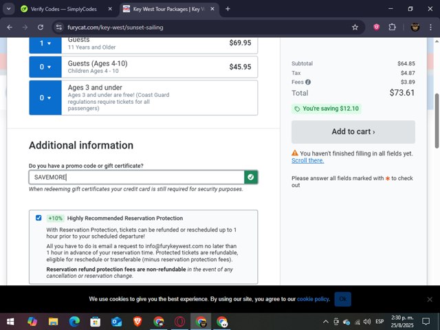 FareHarbor checkout page showing FareHarbor promo code box | Screenshot taken by SimplyCodes community member on Aug 25, 2025