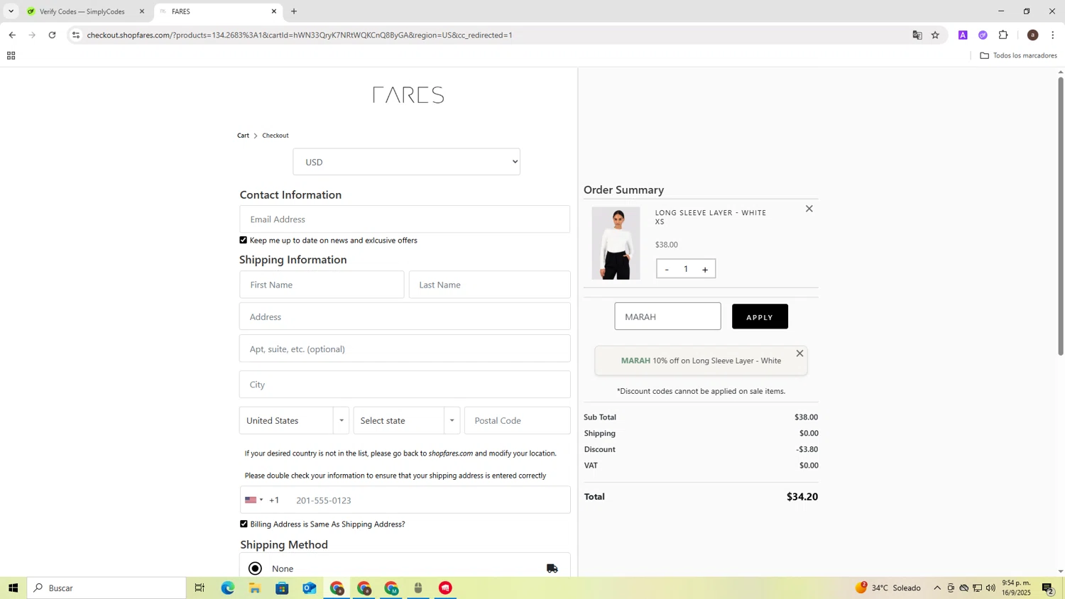 FARES discount code screenshot showing code MARAH applied at FARES checkout page. Uploaded by SimplyCodes community member RoyalLegend4835 on Sep 16, 2025