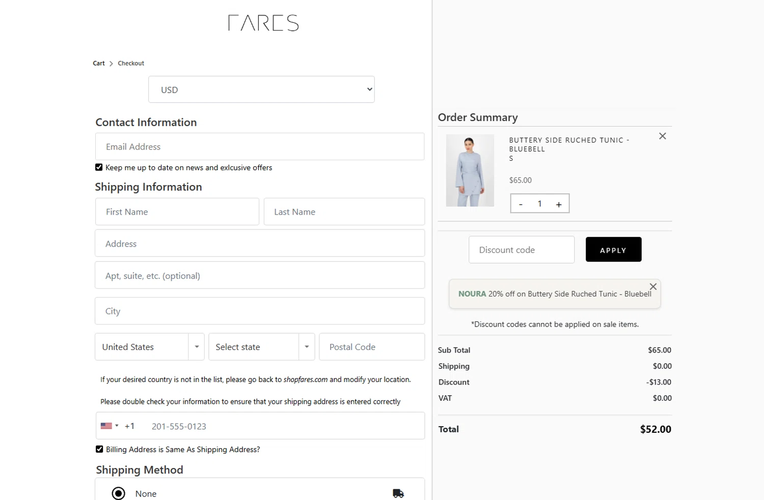 FARES discount code screenshot showing code Noura applied at FARES checkout page. Uploaded by SimplyCodes community member MoneyHunter5624 on Jan 15, 2026