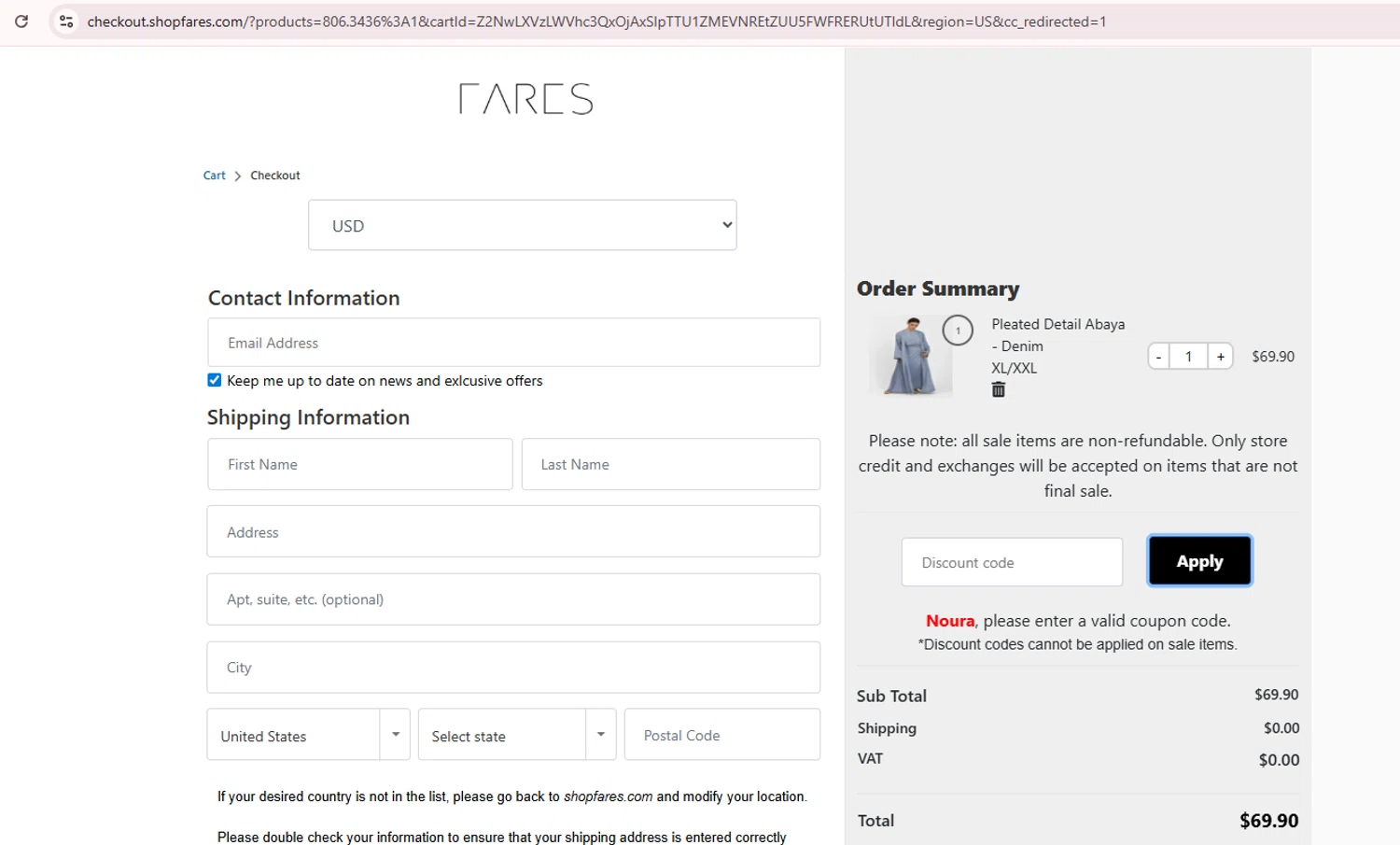 FARES discount code screenshot showing code Noura applied at FARES checkout page. Uploaded by SimplyCodes community member Teamgorila on Jul 10, 2025