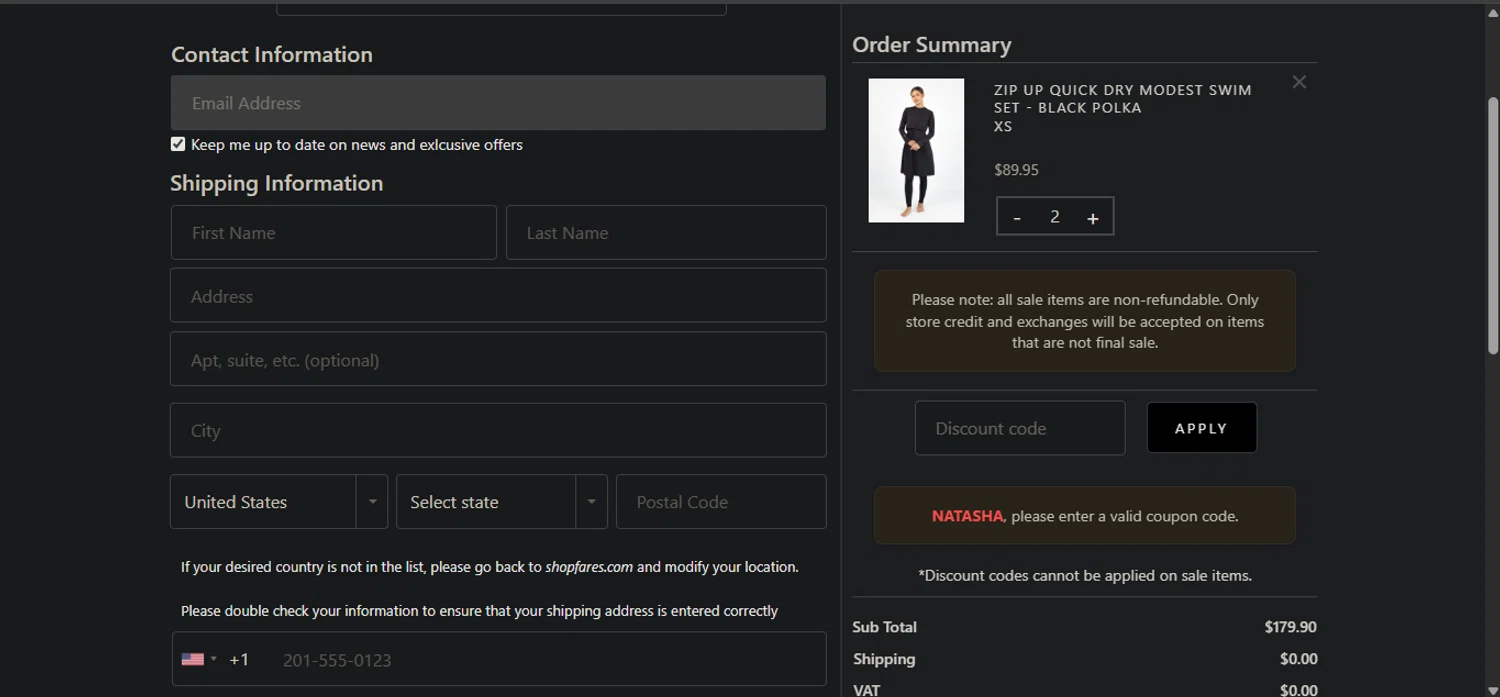 FARES discount code screenshot showing code NATASHA applied at FARES checkout page. Uploaded by SimplyCodes community member Nicoletorres on Sep 30, 2025