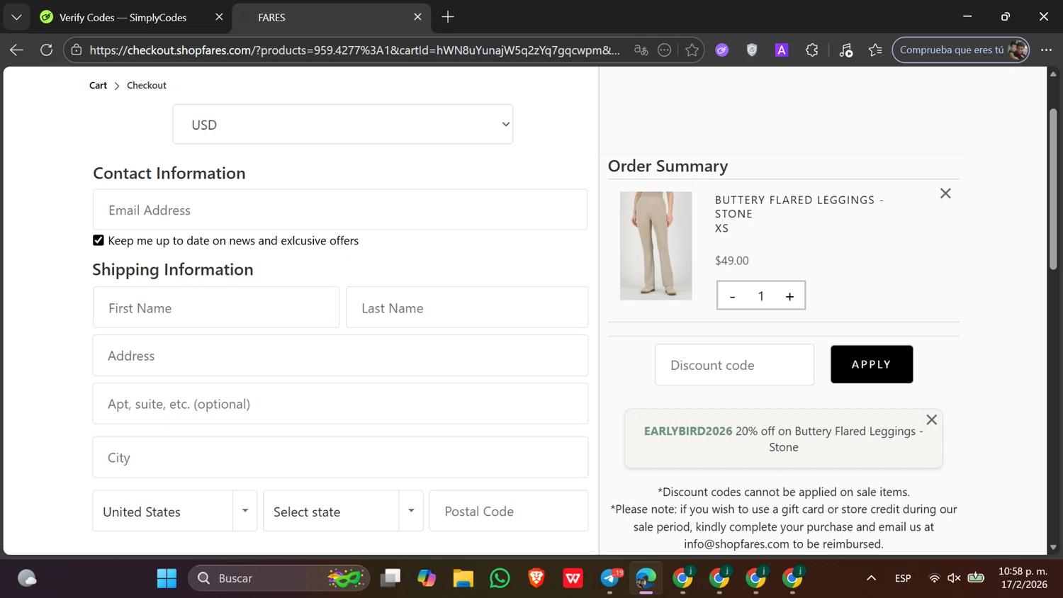 FARES discount code screenshot showing code EARLYBIRD2026 applied at FARES checkout page. Uploaded by SimplyCodes community member Toji_fushiguro on Feb 18, 2026