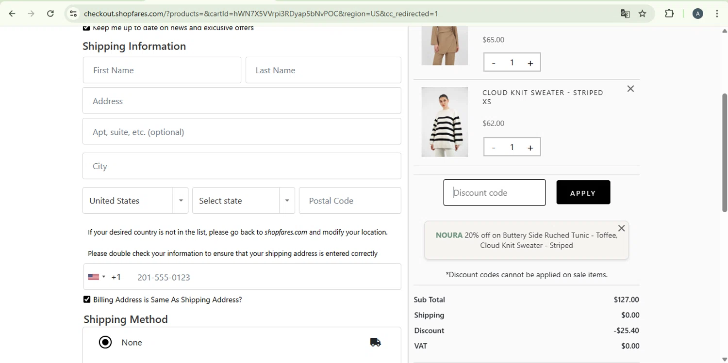 FARES discount code screenshot showing code NOURA applied at FARES checkout page. Uploaded by SimplyCodes community member PromoExpert5262 on Jan 15, 2026