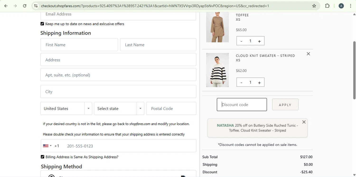 FARES discount code screenshot showing code NATASHA applied at FARES checkout page. Uploaded by SimplyCodes community member PromoExpert5262 on Jan 14, 2026