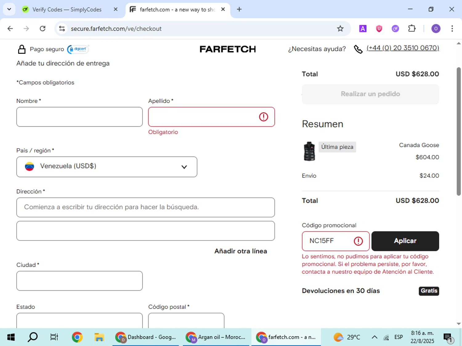 Farfetch promo code screenshot showing code NC15FF applied at Farfetch checkout page. Uploaded by SimplyCodes community member BudgetHawk9503 on Aug 22, 2025