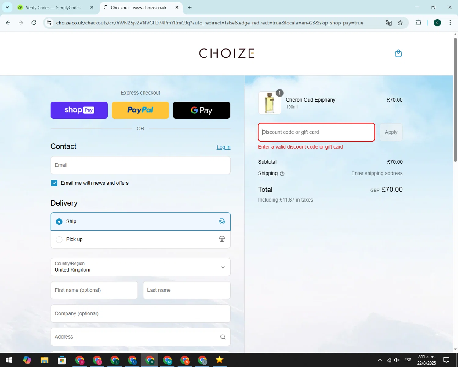 Farfetch promo code screenshot showing code NC15FF applied at Farfetch checkout page. Uploaded by SimplyCodes community member PrimeNavigator9023 on Aug 22, 2025