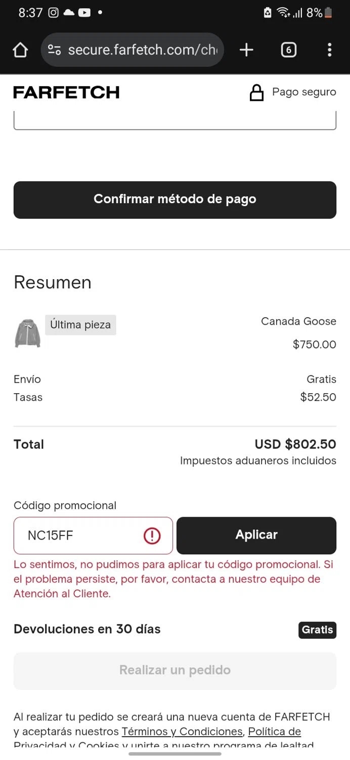 Farfetch promo code screenshot showing code NC15FF applied at Farfetch checkout page. Uploaded by SimplyCodes community member miguelcrast on Aug 22, 2025