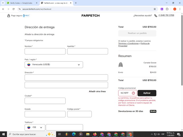 Farfetch checkout page showing Farfetch promo code box | Screenshot taken by SimplyCodes community member on Aug 12, 2025