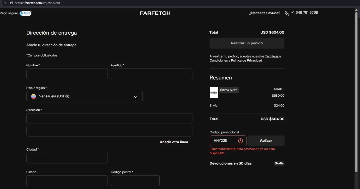 Farfetch promo code screenshot showing code HNY225 applied at Farfetch checkout page. Uploaded by SimplyCodes community member LegendarySeeker3956 on Jul 2, 2025