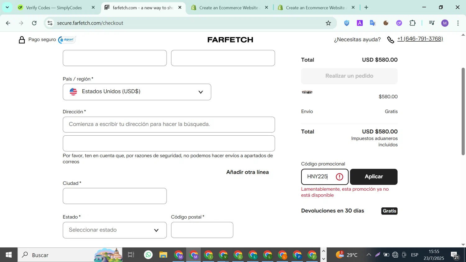 Farfetch promo code screenshot showing code HNY225 applied at Farfetch checkout page. Uploaded by SimplyCodes community member ValueLion1621 on Jul 23, 2025