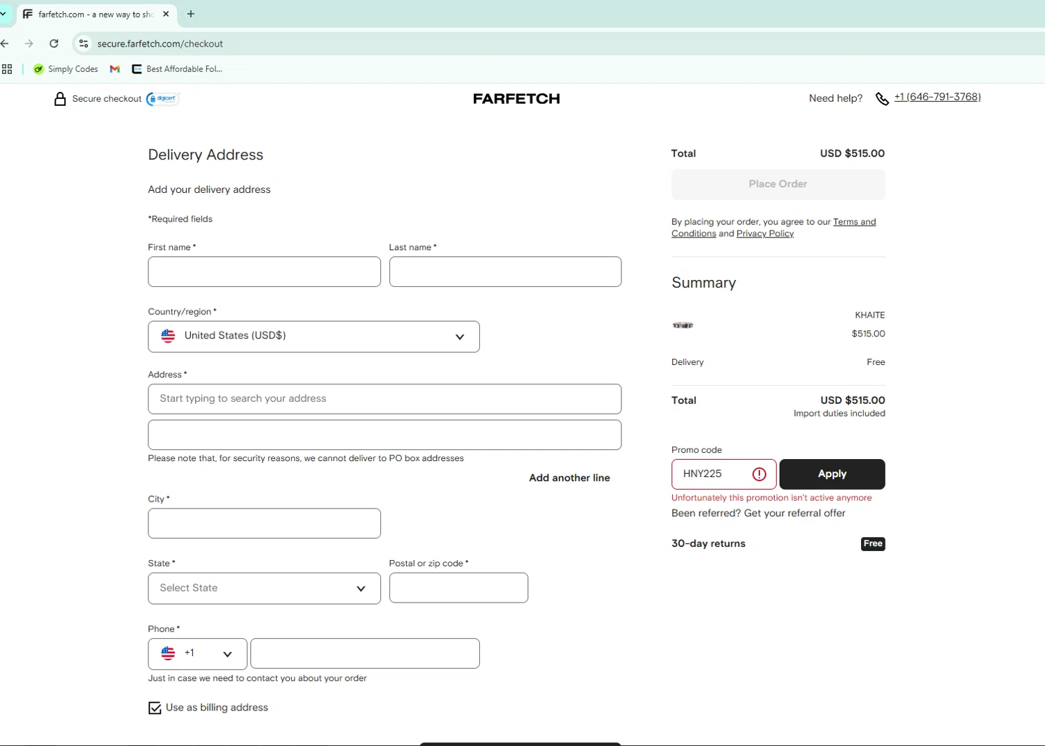 Farfetch promo code screenshot showing code HNY225 applied at Farfetch checkout page. Uploaded by SimplyCodes community member WiseWarden6423 on Jul 2, 2025